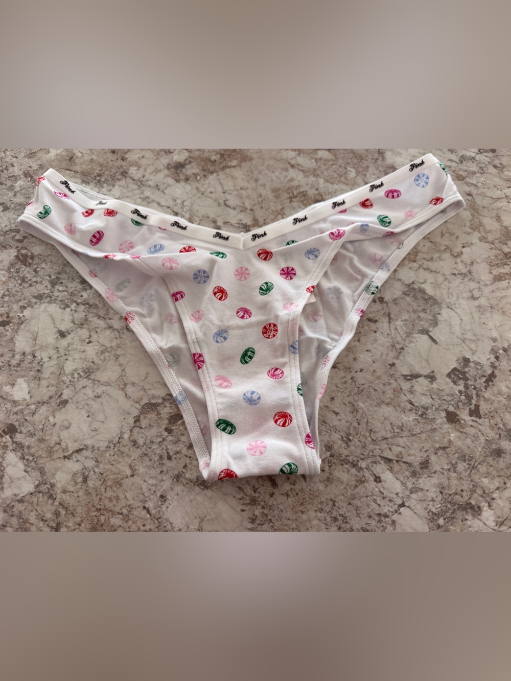 VS Holiday PINK Tanga Panty White NWT Large Candy